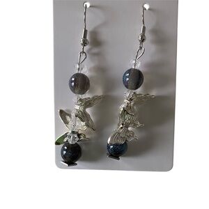 Butterfly Earrings silver tone butterflies black beads